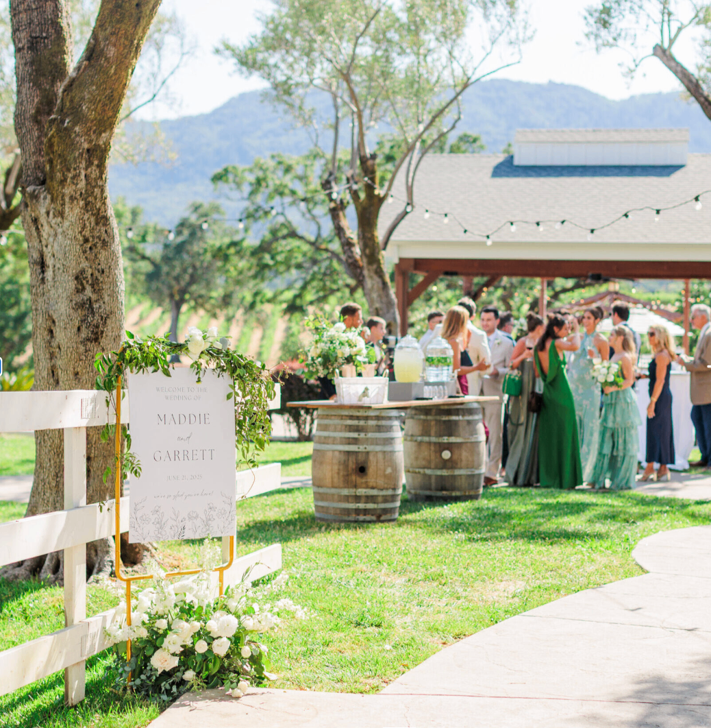 Wedding welcome display near the Olive Grove reception area