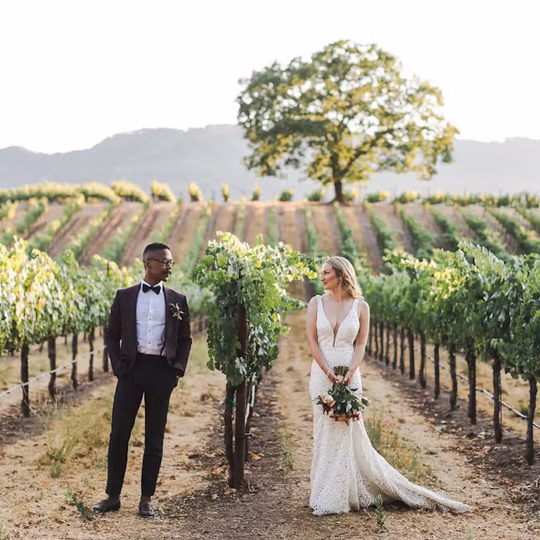 A bride and groom posing for a photo in a vineyard